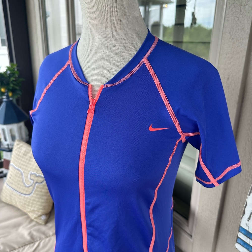 NIKE Ladies Periwinkle & Orange Dri-Fit Short Sleeve Full Zip Performance Top  S